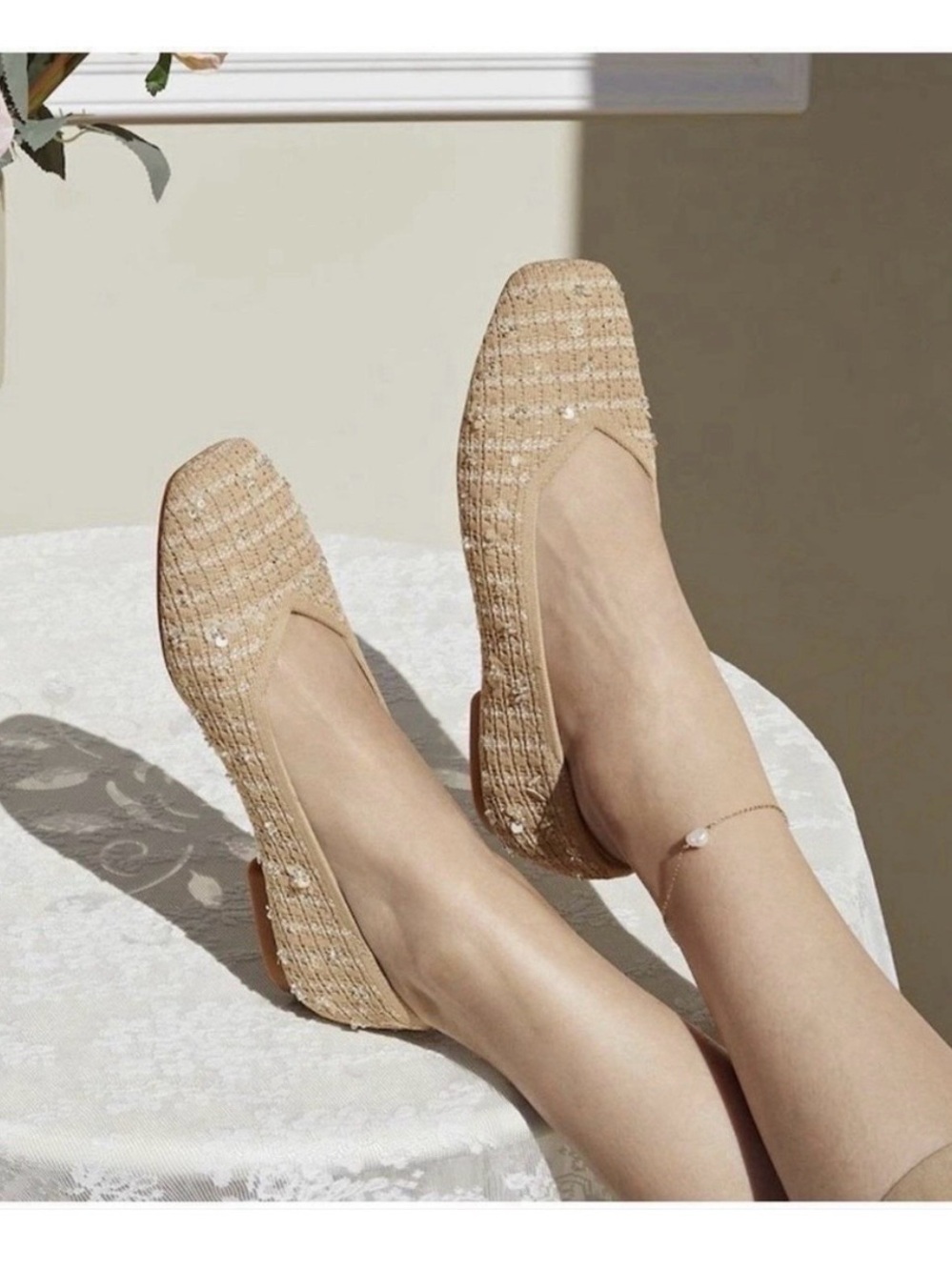 Vivaia Margot 2.0 Sequins Square Toe V-Front Flat Natural Linen Sz 41, 9.5 NWOB